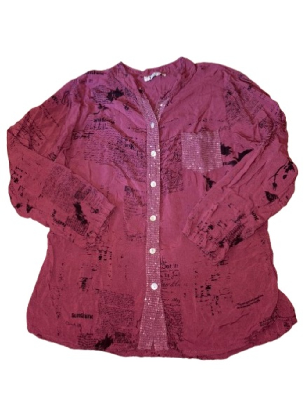 Femme Fatale Button-Front Maroon Text Print Blouse size S